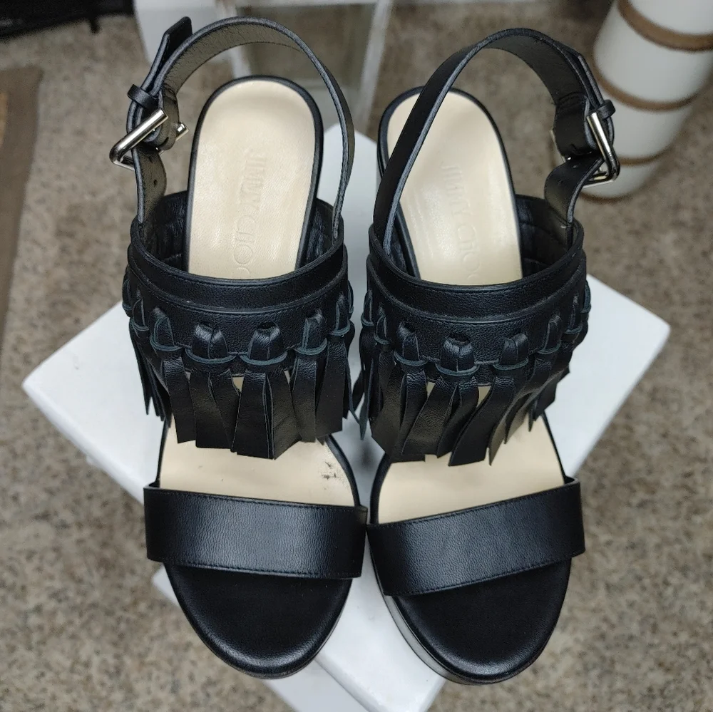 JIMMY CHOO NYA 120 FRINGE WEDGE SANDAL, BLACK 38 - Picture 6 of 14